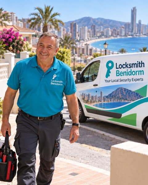 A locksmith carrying a tool bag walks up to a house gate, with a signwritten van parked behind and Levante's towers below
